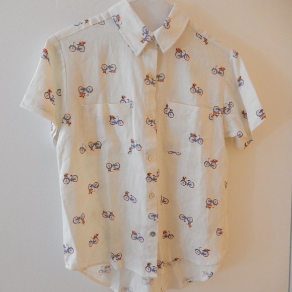 Rae Dunn Bicycle Print Button Down Blouse New Without Tags - Picture 2 of 8